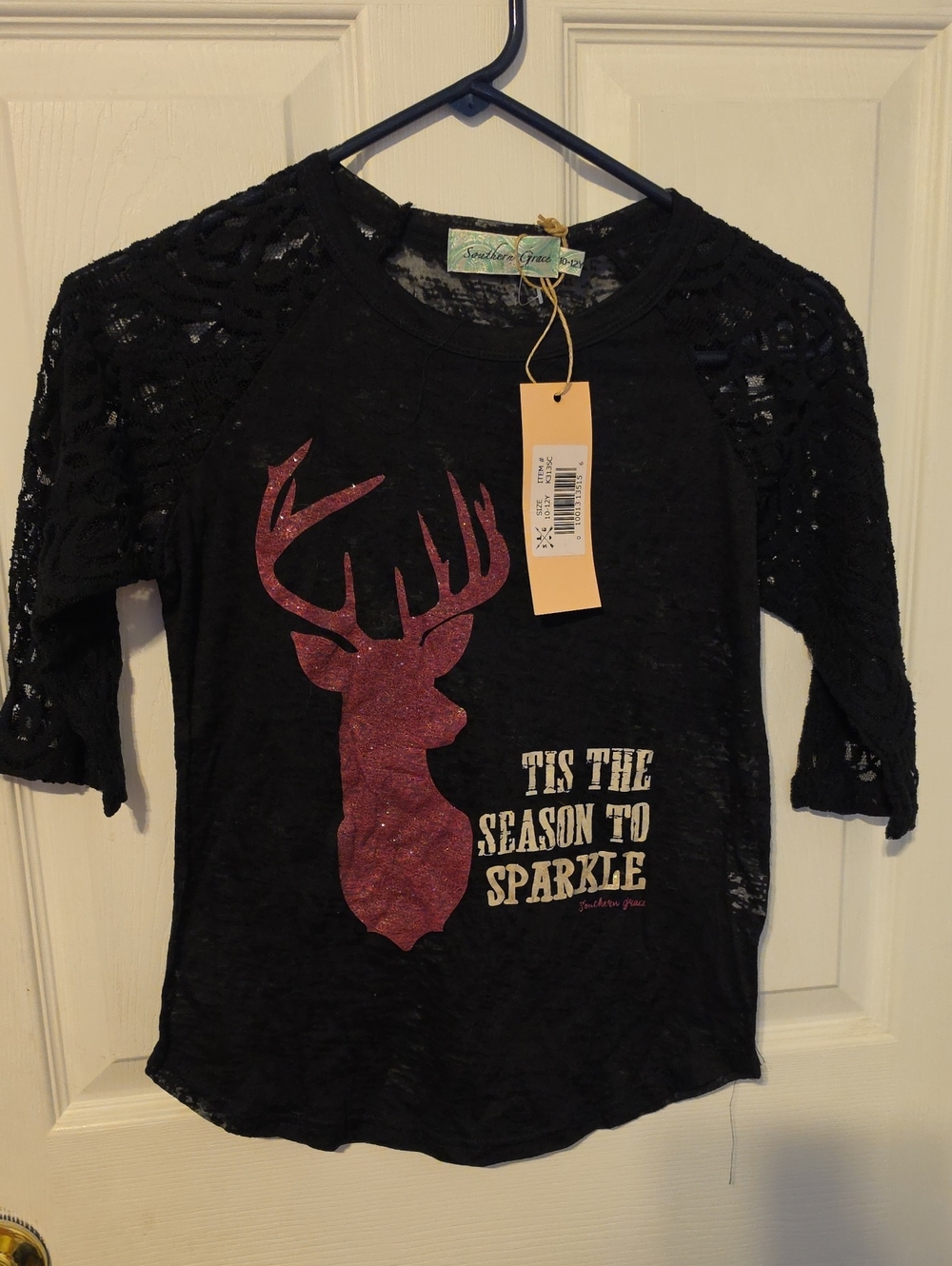 Southern Grace Black Top with Pink Glitter Deer Graphic NWT 10/12 Christmas